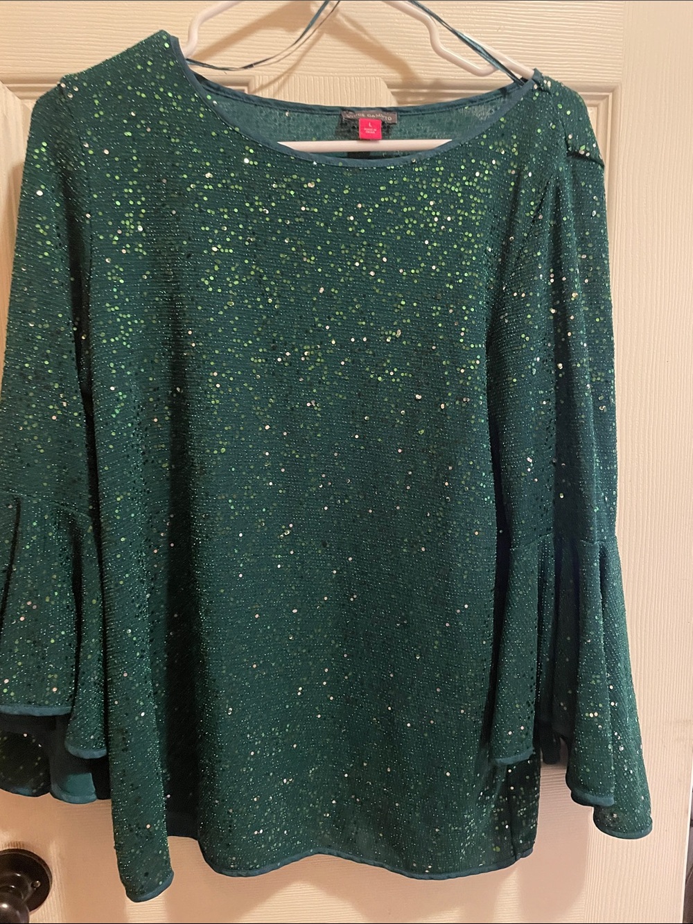 Vince Camuto Green Sparkle Bell-Sleeve Top